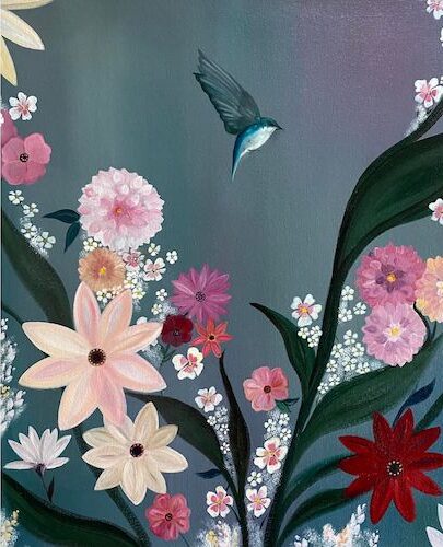Floral painting with tree swallow
