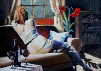 Quiet figurative painting of a woman near a window by John Stoa