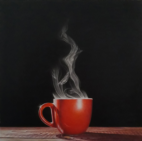 colored pencil drawing of steaming cup of tea