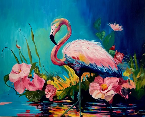 Painting of a flamingo and flowers by Ying McLane