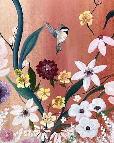 Floral painting with chickadee