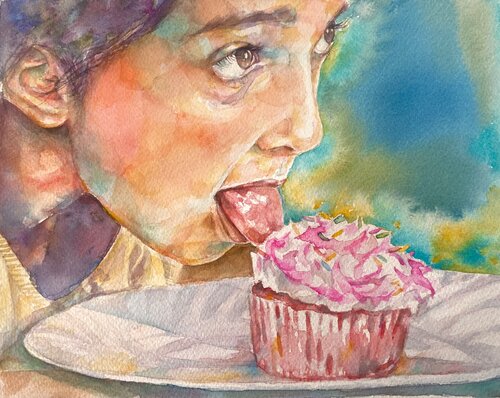 watercolor painting of a young girl and cupcake