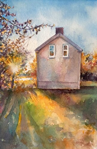 miniature watercolor painting of a house in sunlight