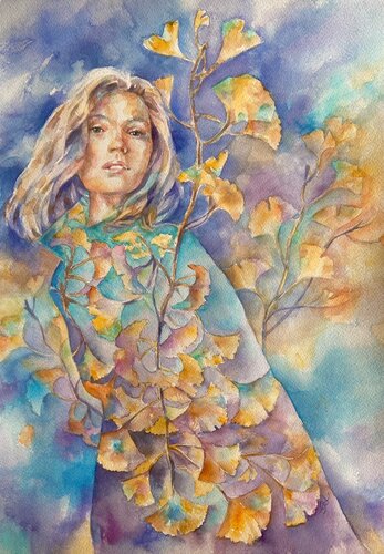 Watercolor of a young woman in nature