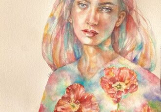 Watercolor portrait of a young woman in floral robe
