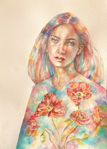 Watercolor portrait of a young woman in floral robe