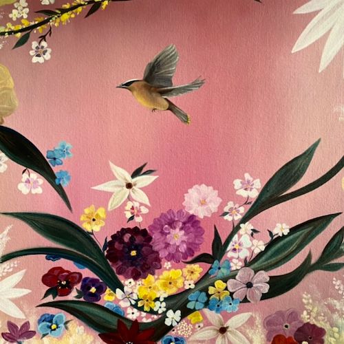 Floral painting with cedar waxwing
