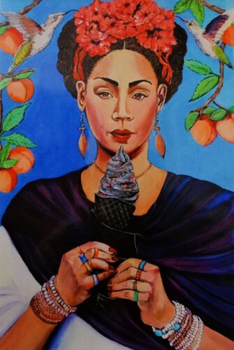 whimsical painting of Frida Kahlo eating ice cream