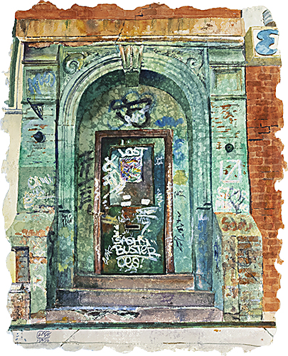 watercolor of an old door and urban graffiti