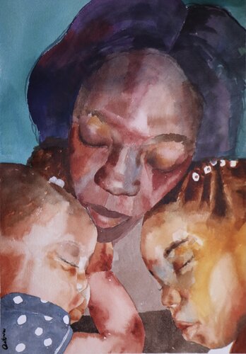 watercolor portrait of a mother and children by Toni Ruppert