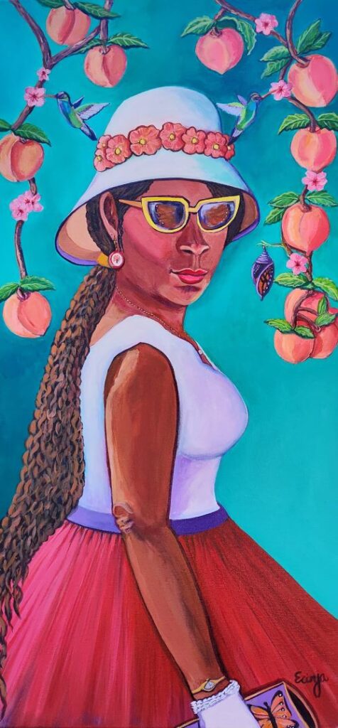 whimsical portrait of a woman and a peach tree