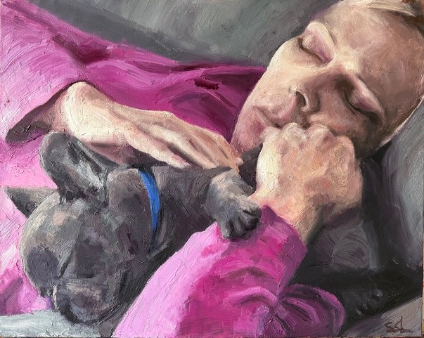 oil painting of a woman and dog sleeping by Shameer Sharma