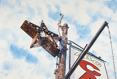 watercolor of an old neon sign and sky