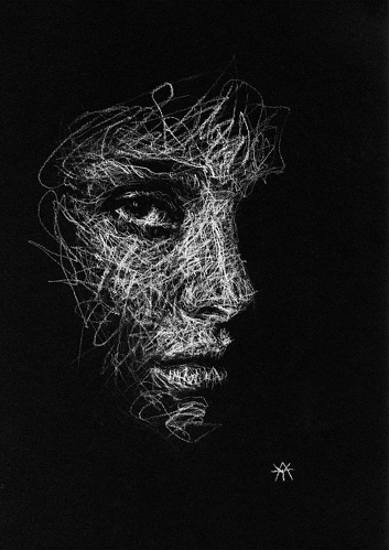 "Natalie" white pastel scribble art on black paper, 21cm x 30cm