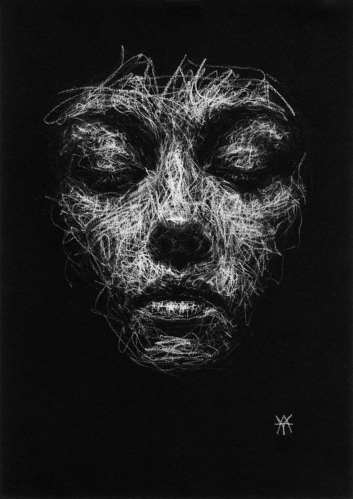 scribble art portrait white pastel on paper