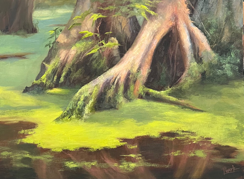 Oil painting of an old tree in a swamp