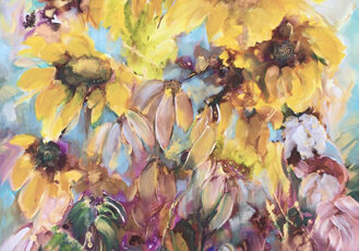 Painting of a vase of sunflowers