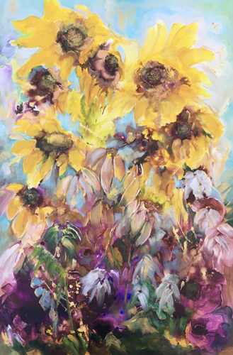 Painting of a vase of sunflowers