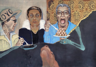 humorous painting of a dinner party by Tina Birch Chimenti