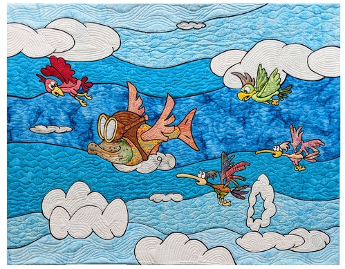 Humorous flying fish quilt by David Charity