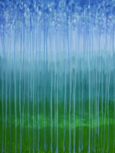 Blue and green rainy day painting by Rachel Brask