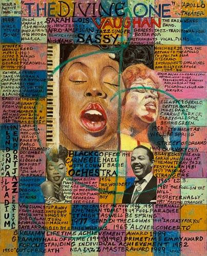 Mixed media painting of singer Sarah Vaughn