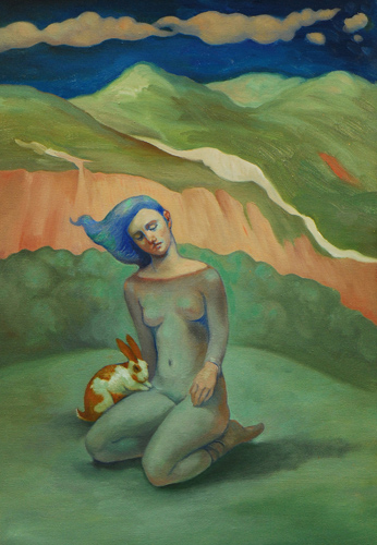 dreamlike painting of a woman and rabbit in abstract landscape