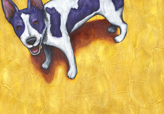 whimsical painting o f a laughing dog