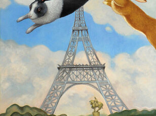 Whimsical painting of rabbits jumping the Eiffel Tower