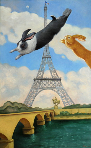 Whimsical painting of rabbits jumping the Eiffel Tower