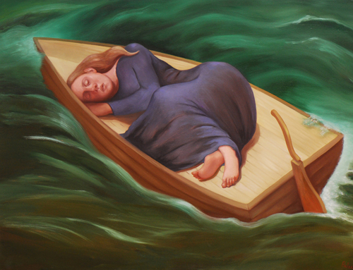 Mysterious painting of woman asleep in a boat