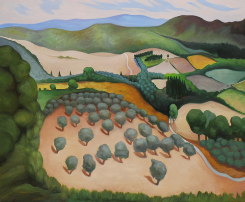 Softly ethereal landscape painting of Tuscany