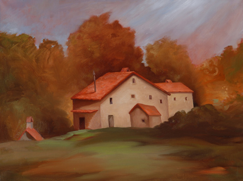 Painting of a house in an Italian landscape