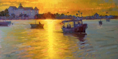 oil painting of a Florida sunset striking boat-filled waters #oilpainting #sunset