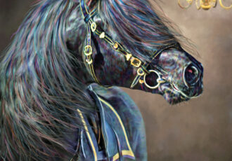 digital painting of a black horse and chandelier