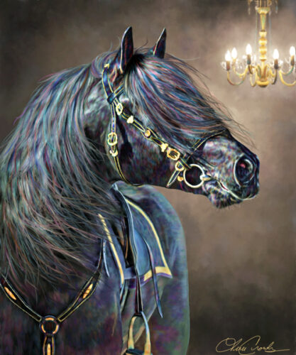 digital painting of a black horse and chandelier