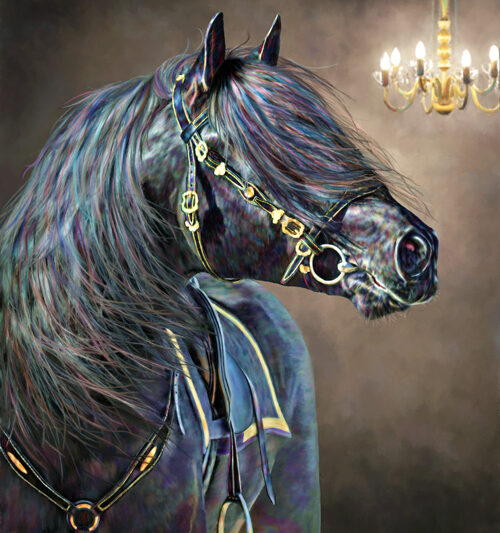 digital painting of a black horse and chandelier