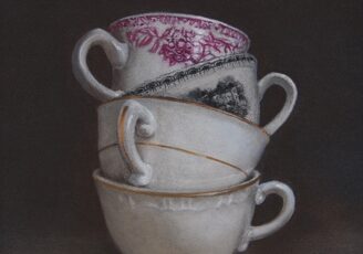 stack of teacups classic still life in pastel