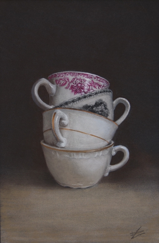 stack of teacups classic still life in pastel
