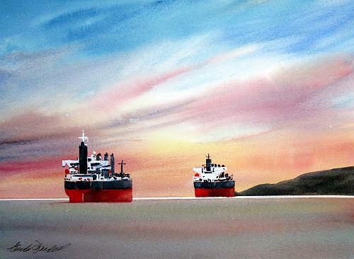 watercolour painting of two ships in a colorful background