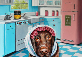 a painting of a dog wearing curlers in a kitchen