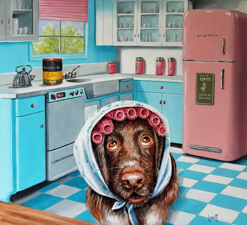 a painting of a dog wearing curlers in a kitchen