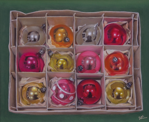 pastel drawing of Christmas ornaments