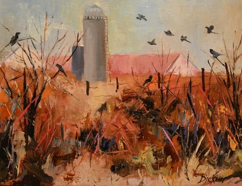 landscape painting with crows by oil painter Patricia Dickun