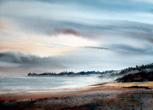 Ethereal watercolour painting of a misty landscape