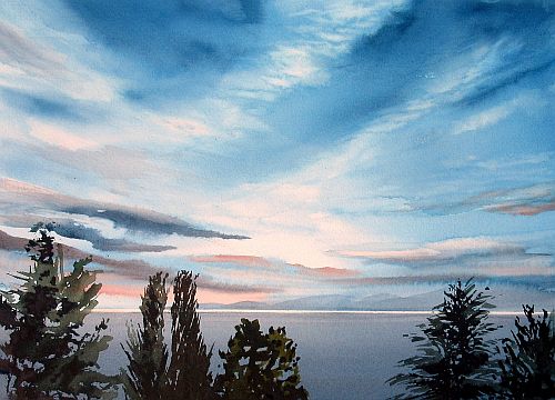 Watercolor landscape with stunning skies by Enda Bardell