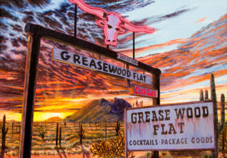 painting of a sunset scene with a hotel sign