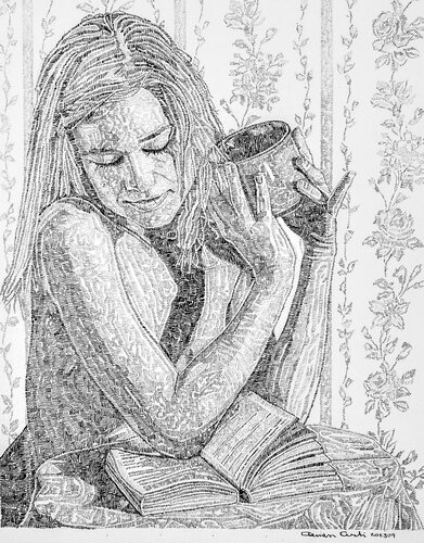 Detailed pencil drawing of a woman and coffee cup