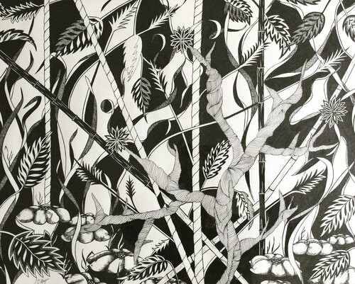 detailed pen and ink drawing of a jungle