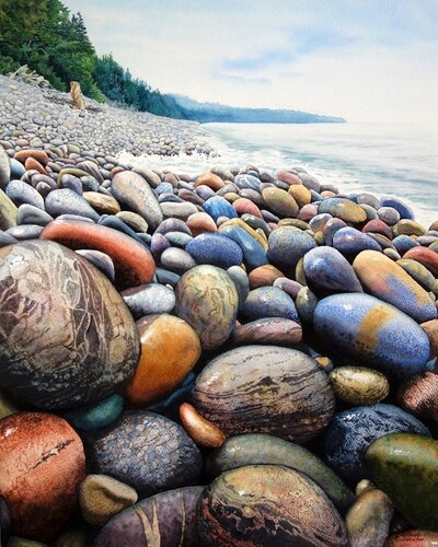 watercolour of colorful stones on a shoreline